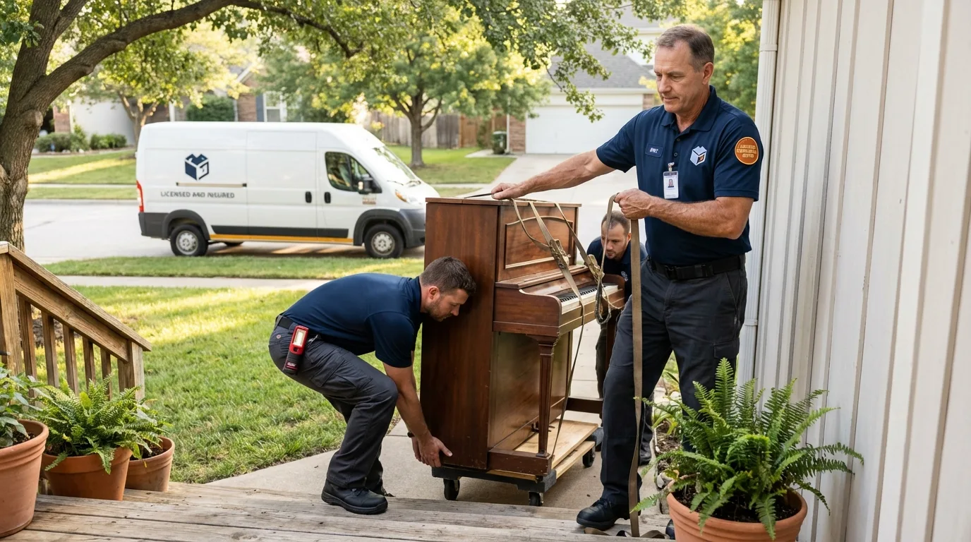 Licensed piano movers securing grand piano in Milford, MA