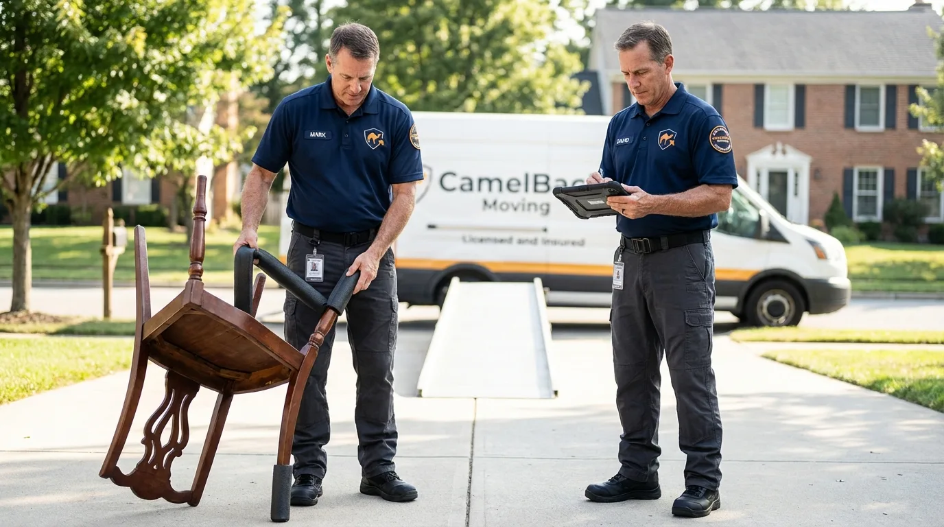 Movers inspecting furniture for damage prevention before loading in Milford, MA