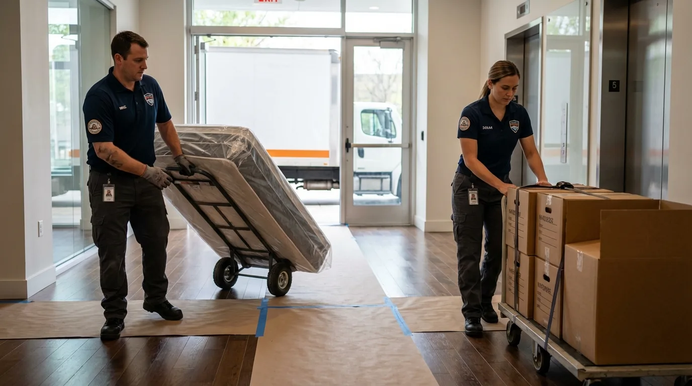 Professional apartment movers loading elevator in Milford, MA