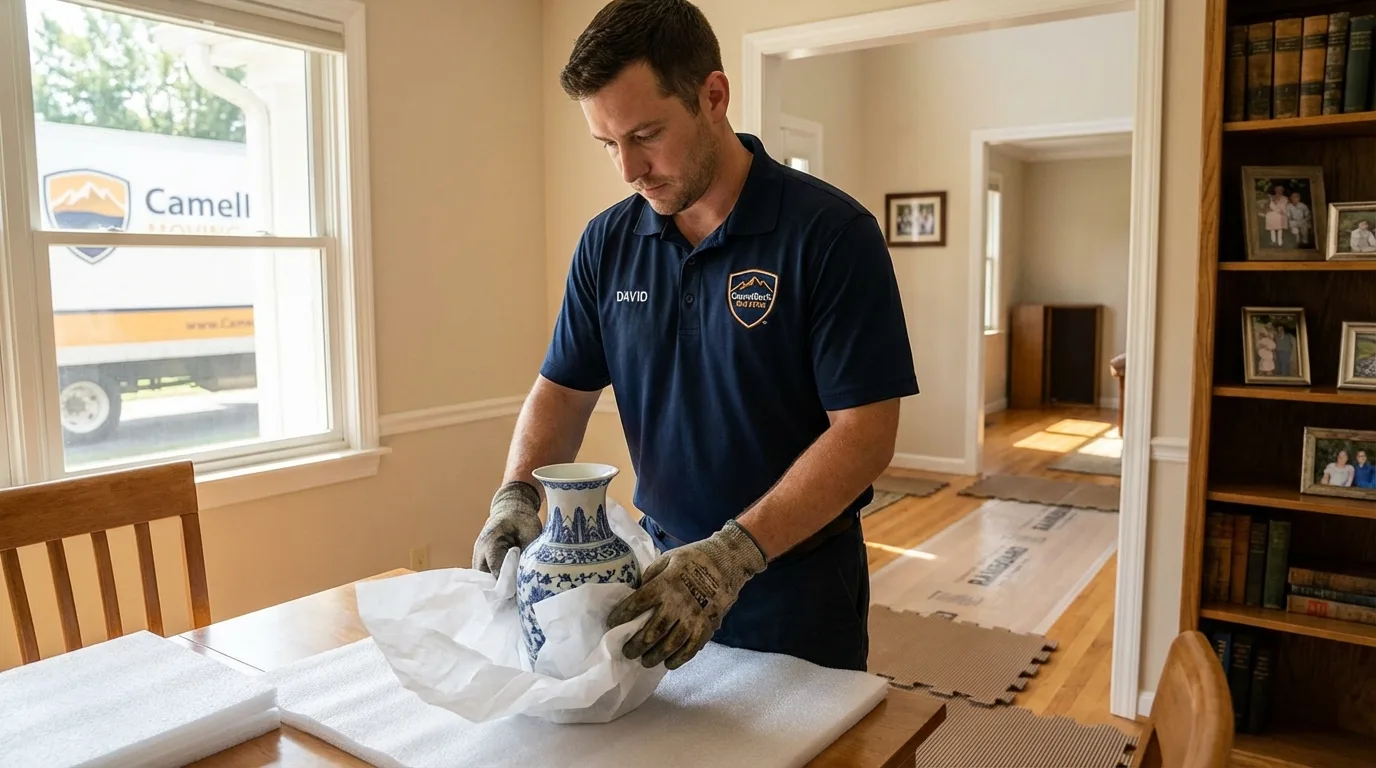 Professional crew carefully wrapping antique vase for senior downsizing move in Milford, MA