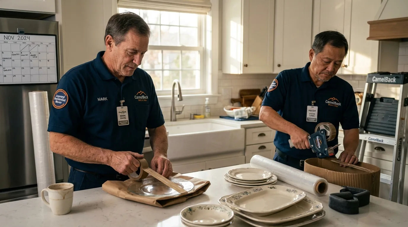 Professional crew packing kitchen dishware in Milford, MA